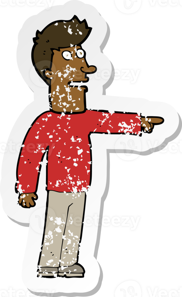 retro distressed sticker of a cartoon man pointing png