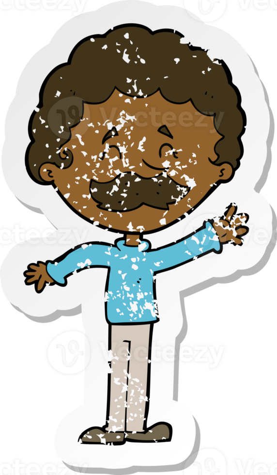 retro distressed sticker of a cartoon man with mustache waving png