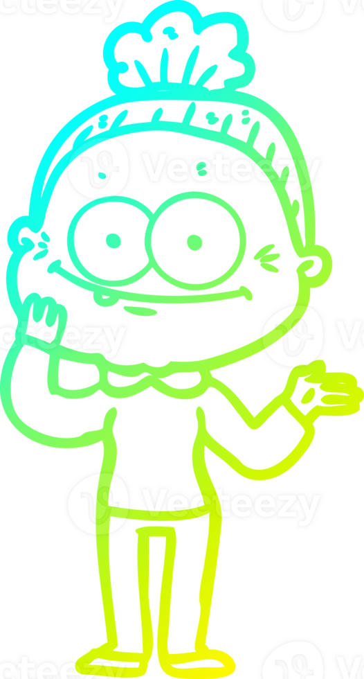 cold gradient line drawing of a cartoon happy old woman png