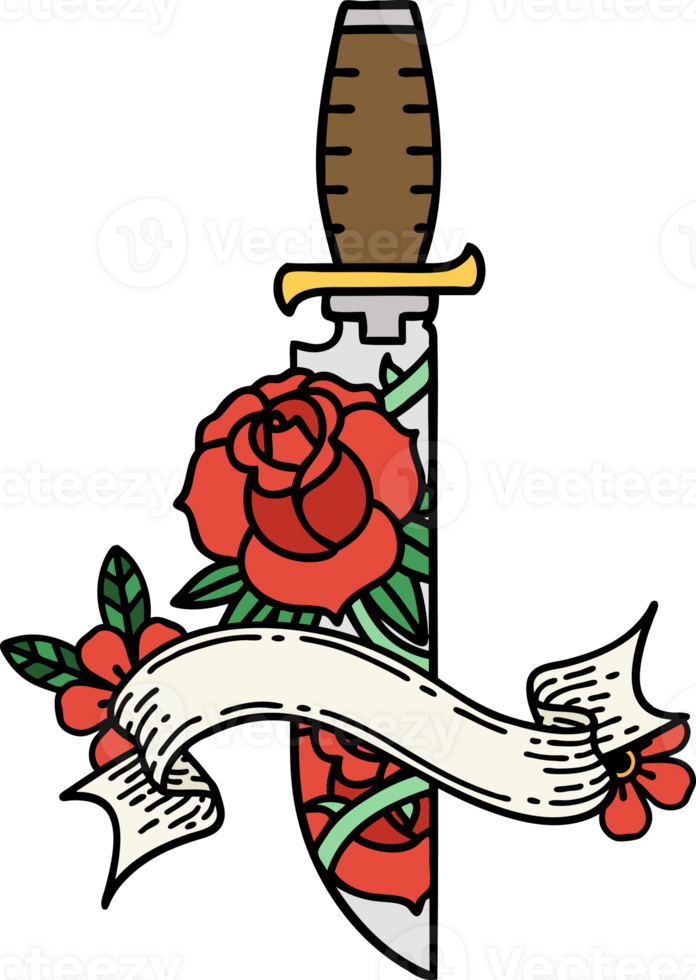 traditional tattoo with banner of a dagger and flowers png