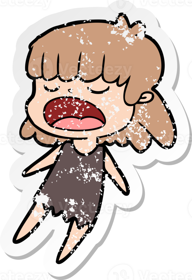 distressed sticker of a cartoon woman talking loudly png