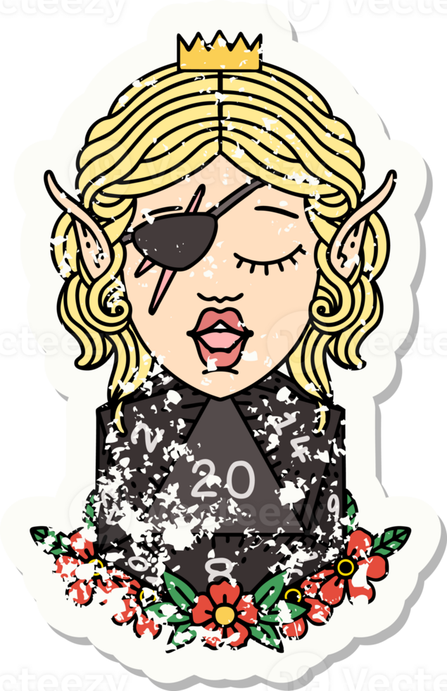 grunge sticker of a elf rogue character with natural twenty dice roll png