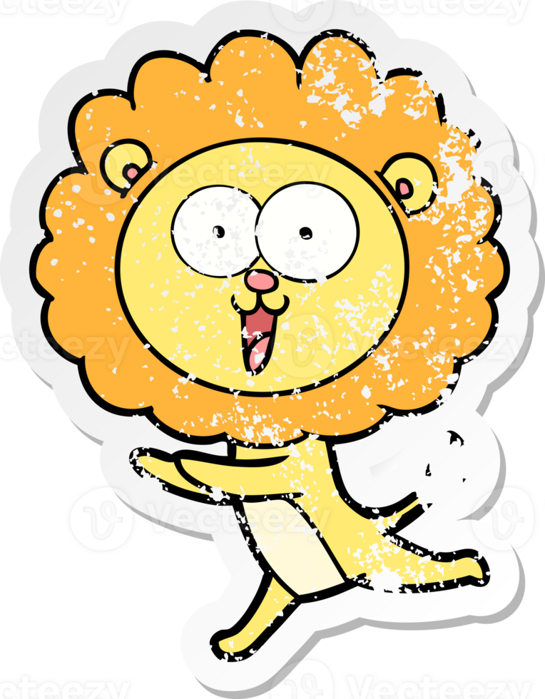 distressed sticker of a happy cartoon lion png
