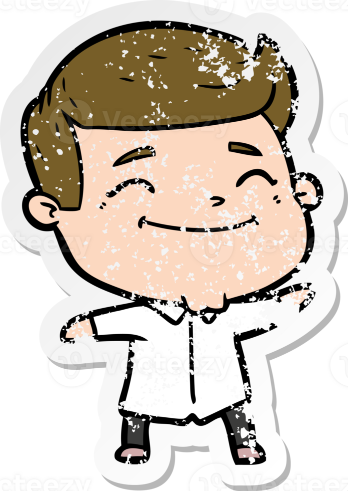 distressed sticker of a happy cartoon man png