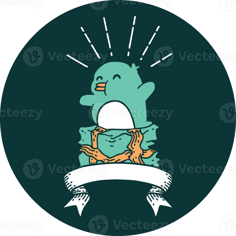 icon of a tattoo style penguin sitting on present png