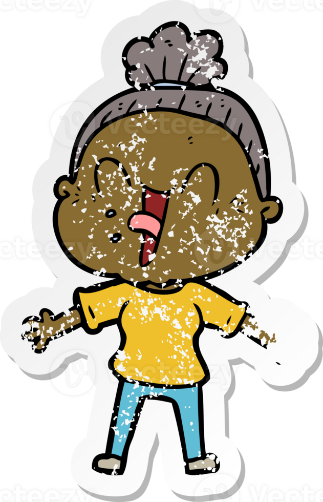 distressed sticker of a cartoon happy old woman png