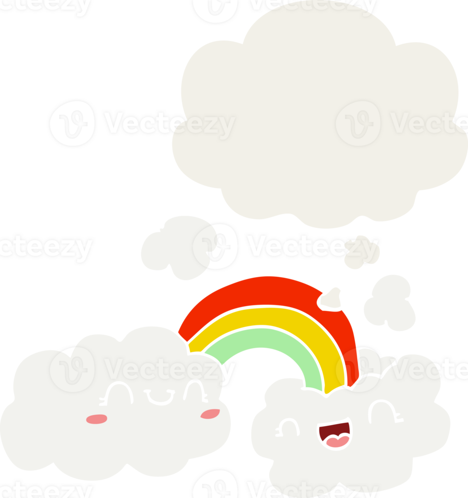 happy cartoon clouds and rainbow with thought bubble in retro style png