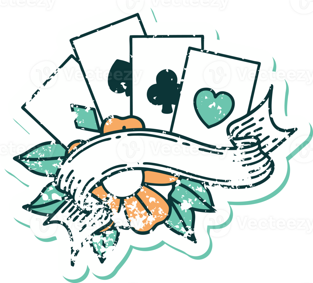 iconic distressed sticker tattoo style image of cards and banner png