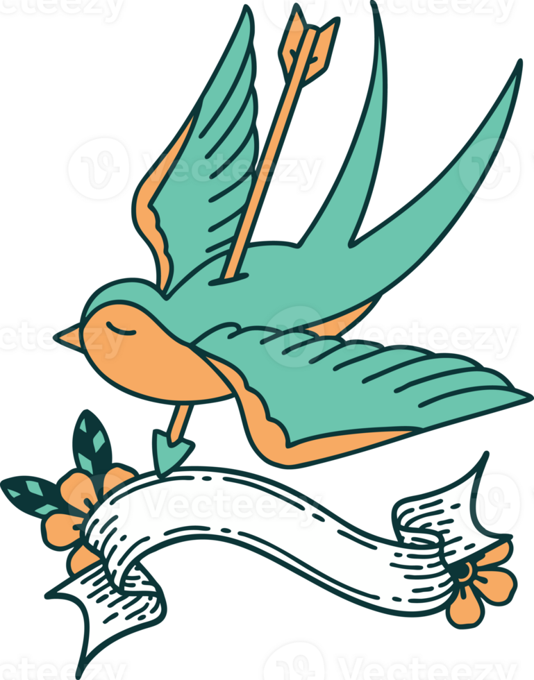 traditional tattoo with banner of a swallow shot through with arrow png