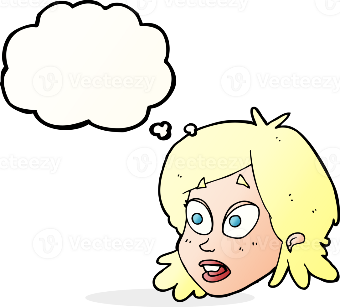 cartoon female face with surprised expression with thought bubble png