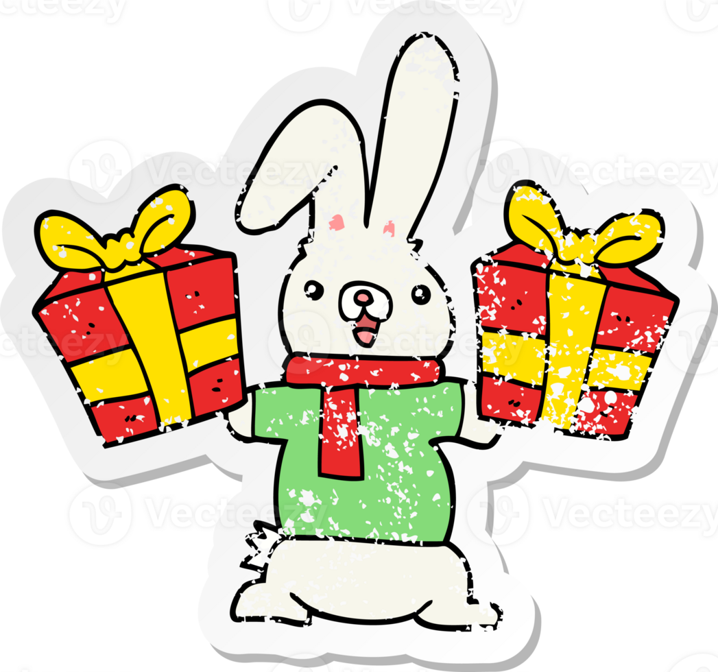 distressed sticker of a cartoon rabbit with christmas presents png