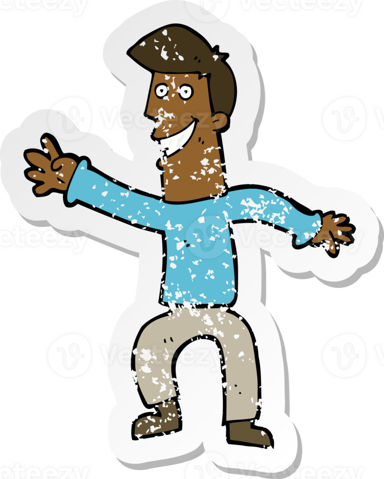 retro distressed sticker of a cartoon happy man dancing png