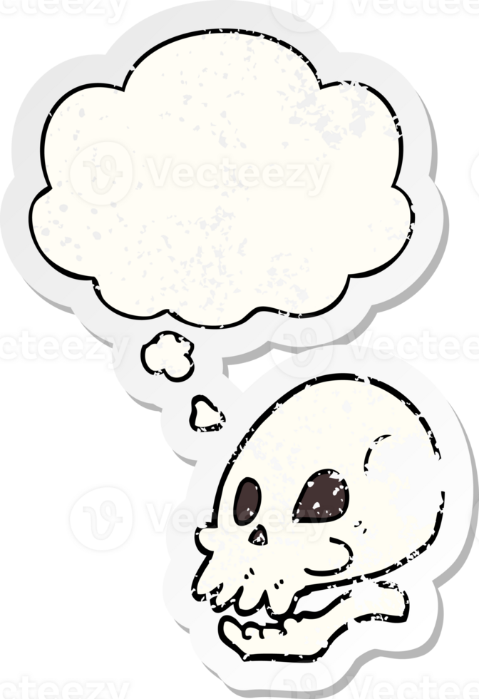 cartoon skull with thought bubble as a distressed worn sticker png