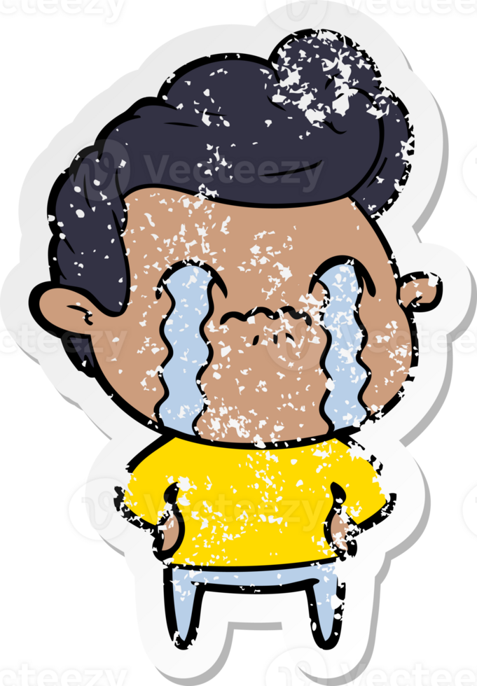 distressed sticker of a cartoon man crying png