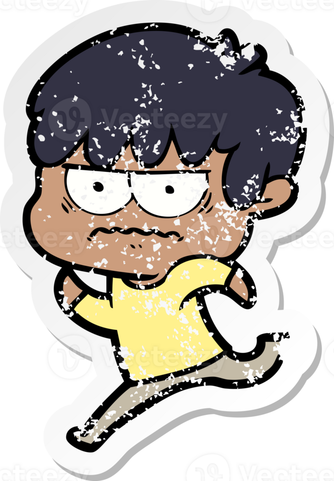 distressed sticker of a annoyed cartoon boy png