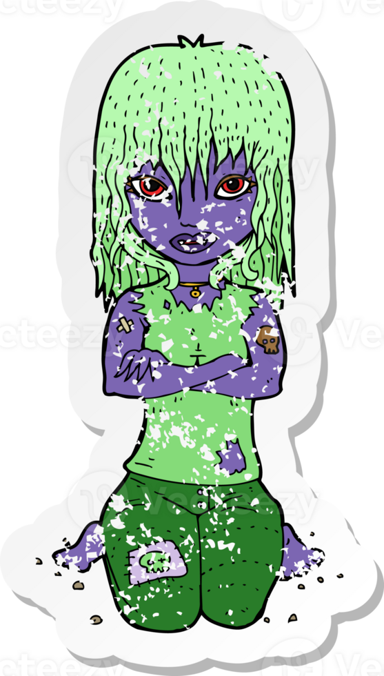 retro distressed sticker of a cartoon vampire girl png