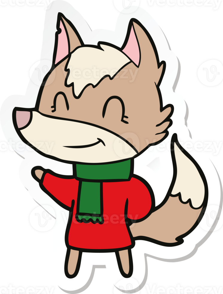 sticker of a friendly cartoon wolf in winter clothes png
