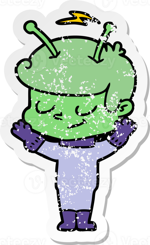 distressed sticker of a friendly cartoon spaceman png