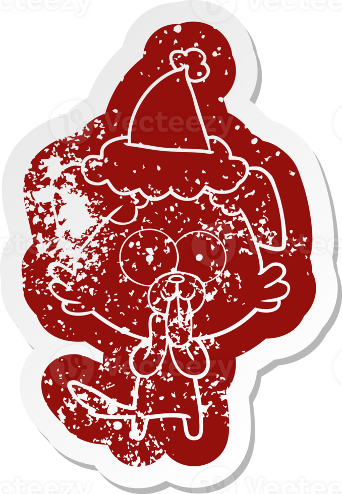 quirky cartoon distressed sticker of a dog with tongue sticking out wearing santa hat png