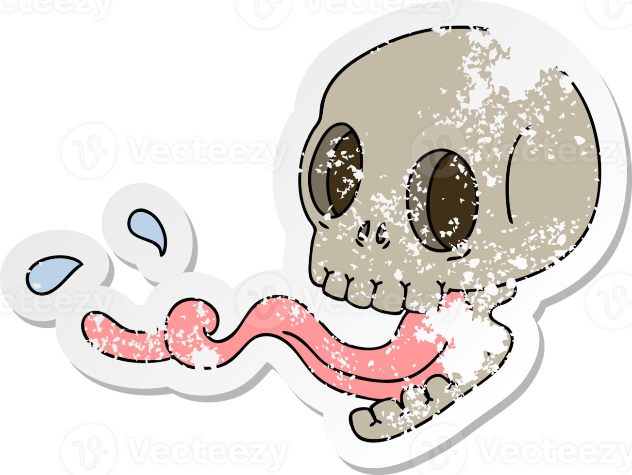 distressed sticker of a quirky hand drawn cartoon skull with tongue png