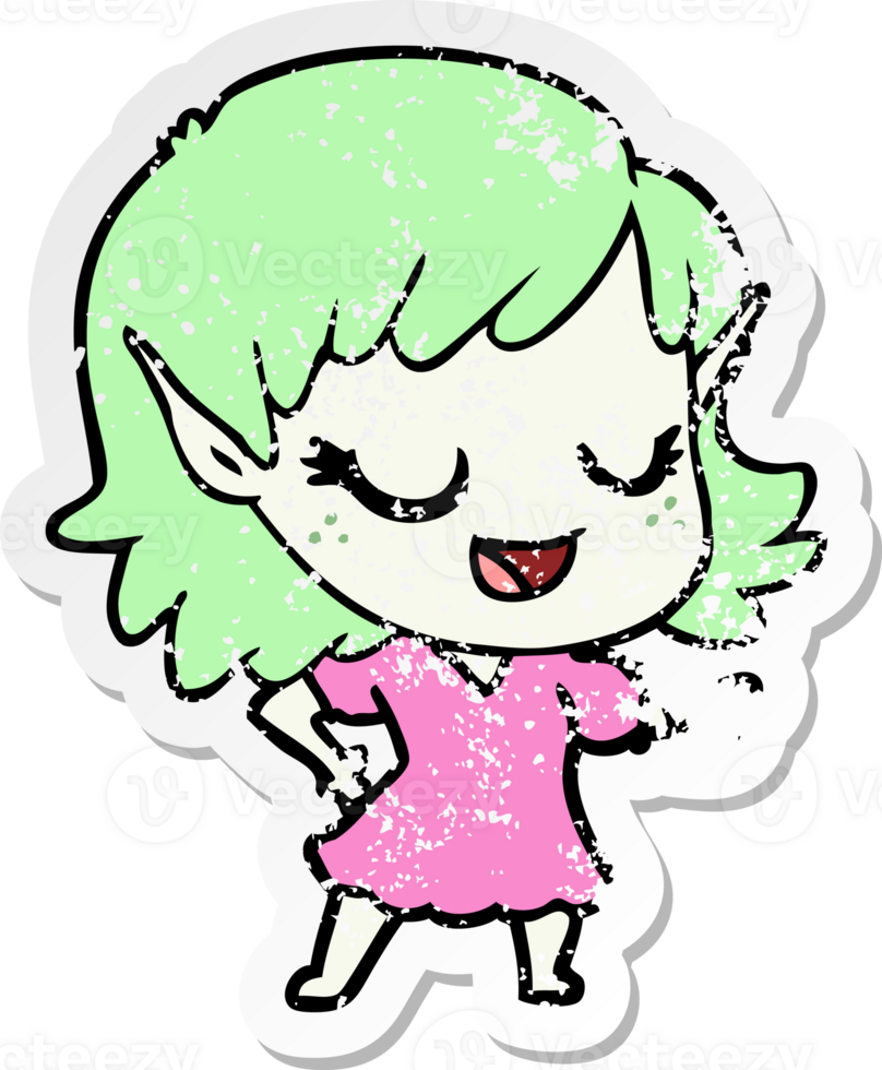 distressed sticker of a happy cartoon elf girl png