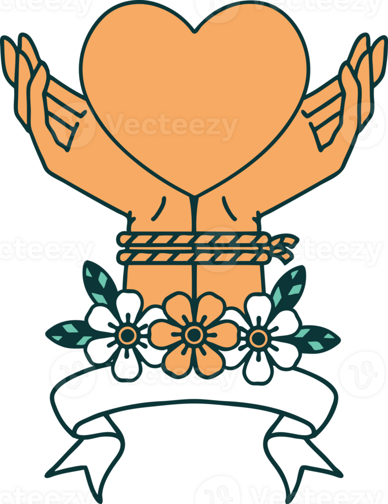 traditional tattoo with banner of tied hands and a heart png