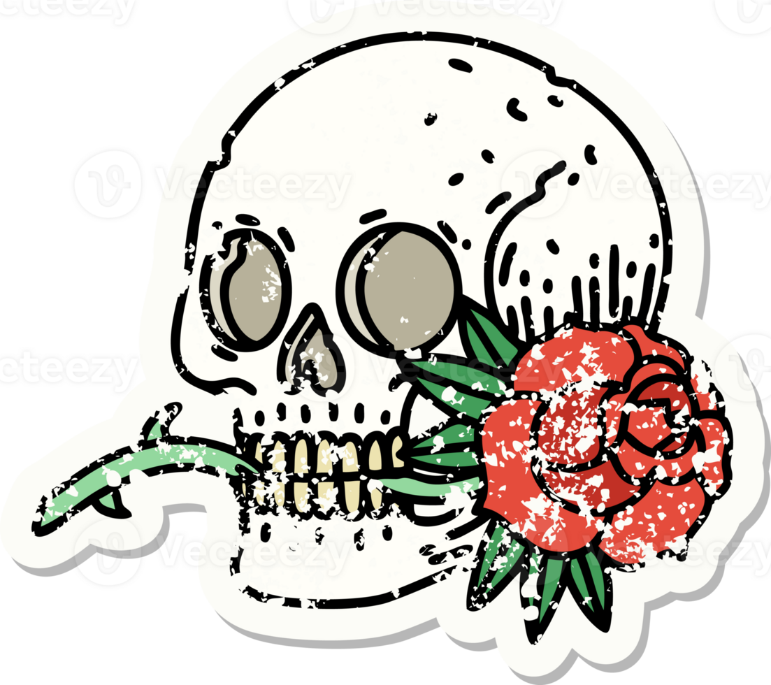 distressed sticker tattoo in traditional style of a skull and rose png