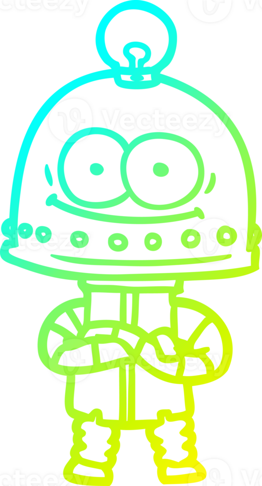 cold gradient line drawing of a happy carton robot with light bulb png