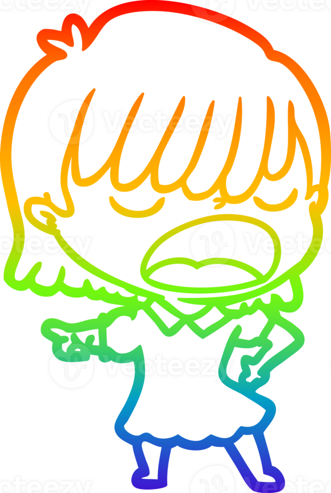 rainbow gradient line drawing of a cartoon woman talking loudly png