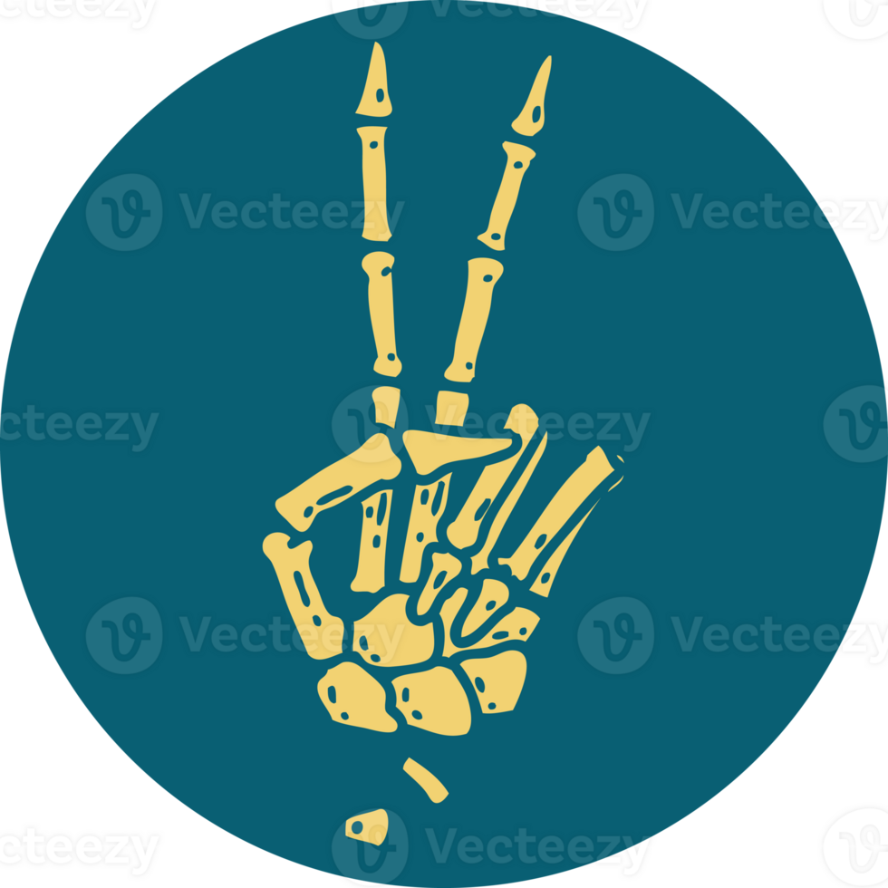 iconic tattoo style image of a skeleton giving a peace sign png