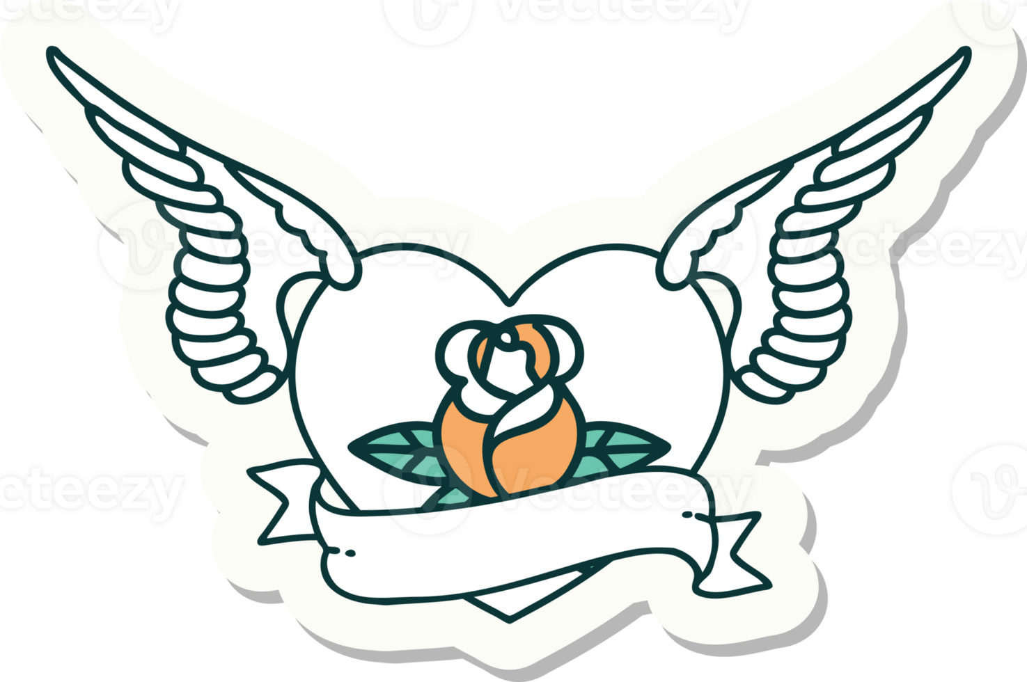 sticker of tattoo in traditional style of a flying heart with flowers and banner png
