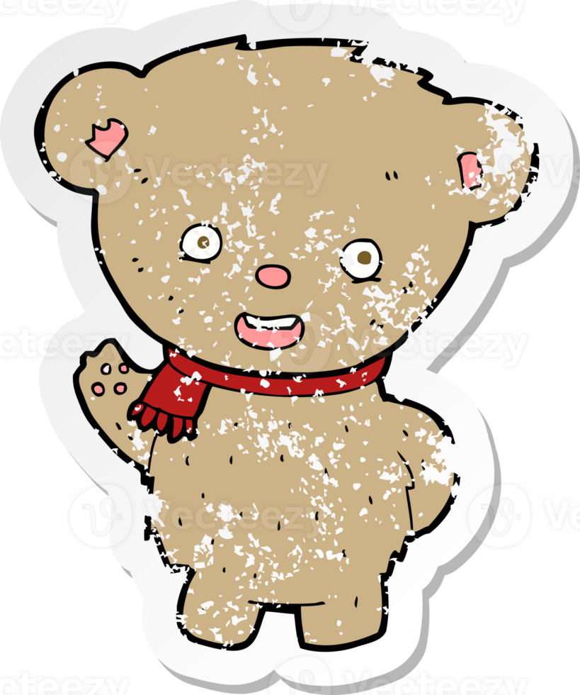 retro distressed sticker of a cartoon teddy bear waving png
