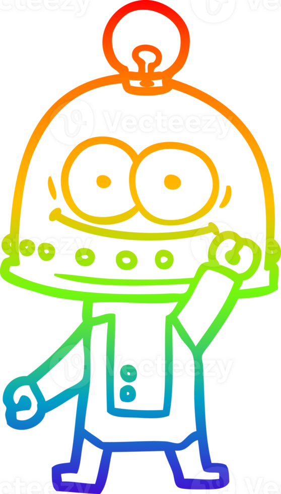 rainbow gradient line drawing of a happy carton robot with light bulb png