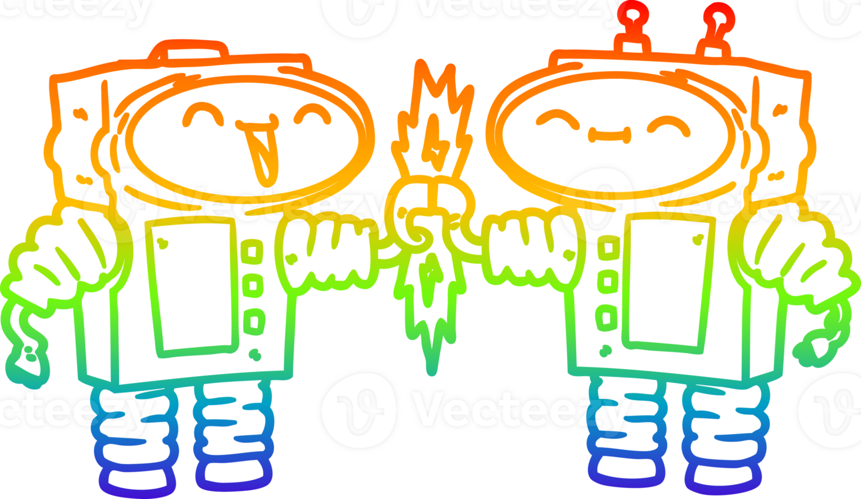 rainbow gradient line drawing of a cartoon robots connecting png