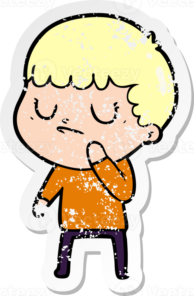 distressed sticker of a cartoon grumpy boy png