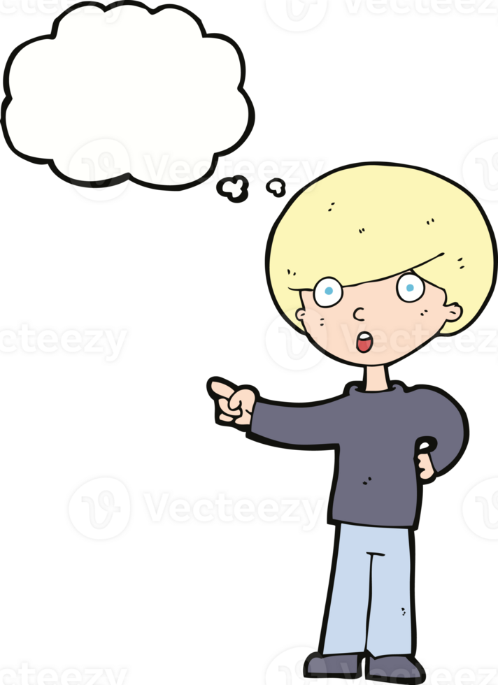 cartoon pointing boy with thought bubble png