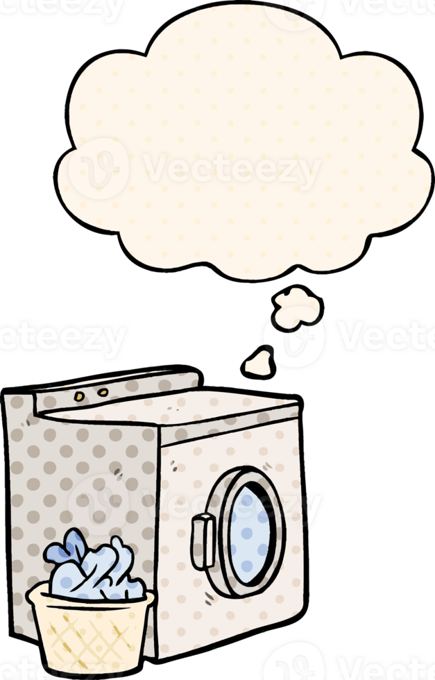 cartoon washing machine with thought bubble in comic book style png