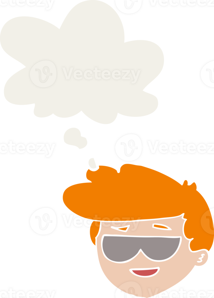 cartoon boy wearing sunglasses with thought bubble in retro style png