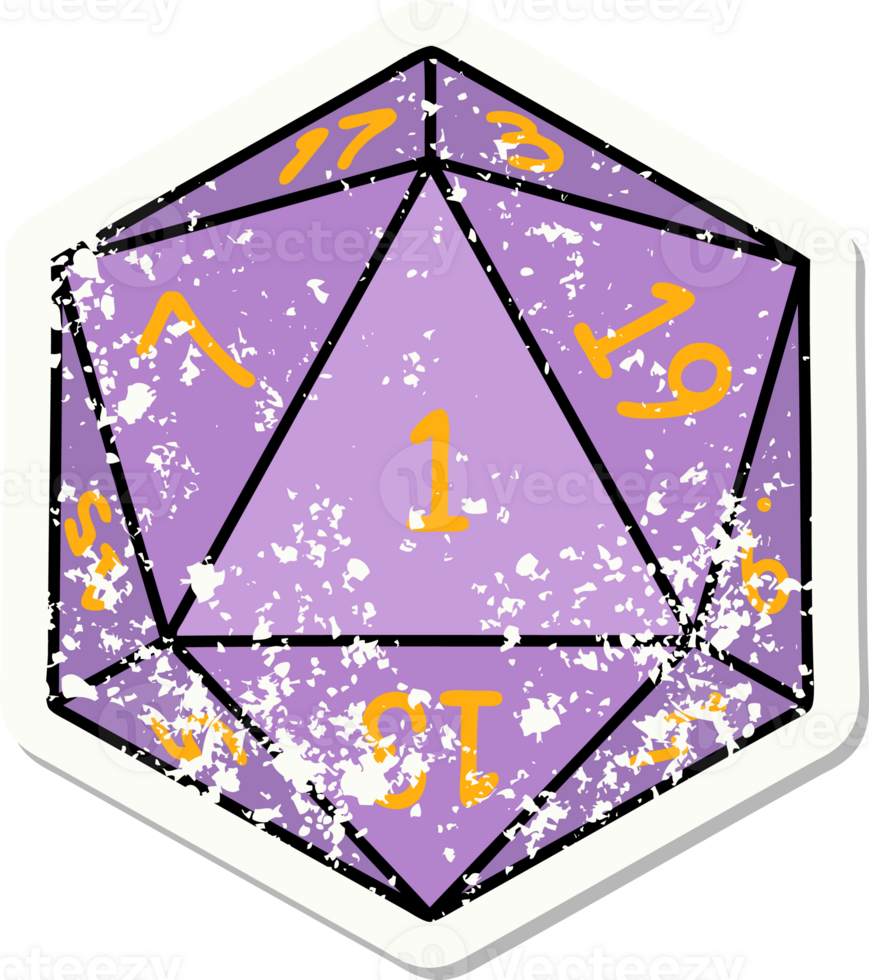 grunge sticker of a natural 1 D20 dice roll png