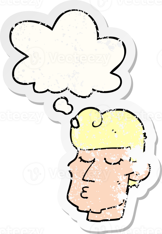 cartoon handsome man with thought bubble as a distressed worn sticker png