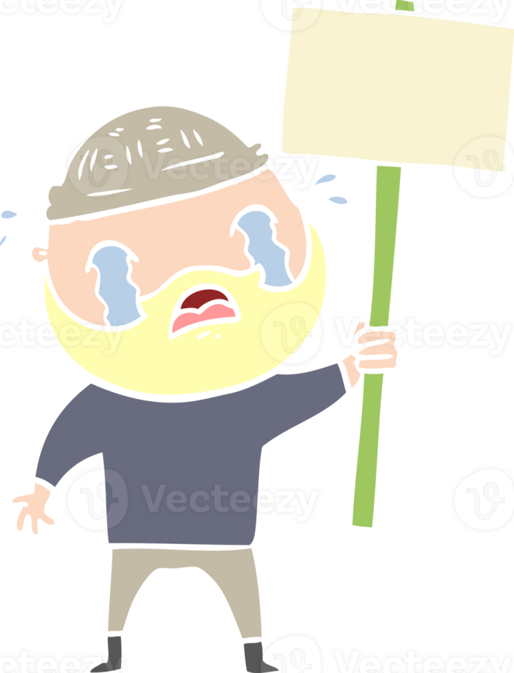 flat color style cartoon bearded protester crying png