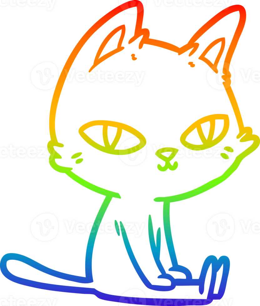 rainbow gradient line drawing of a cartoon cat sitting png