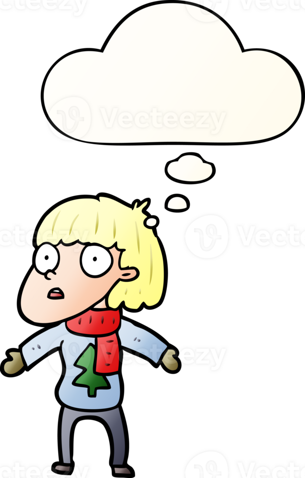 cartoon surprised christmas person with thought bubble in smooth gradient style png
