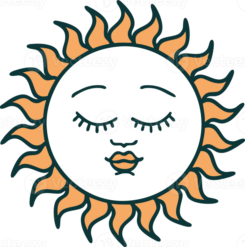 iconic tattoo style image of a sun with face png