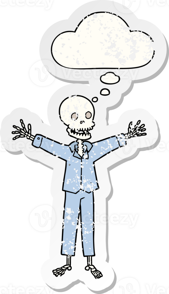 cartoon skeleton wearing pajamas with thought bubble as a distressed worn sticker png