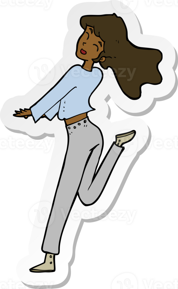 sticker of a cartoon happy girl kicking out leg png