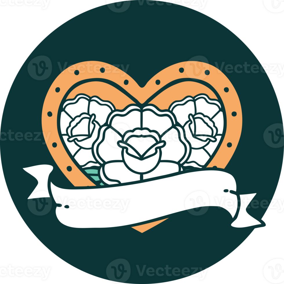 iconic tattoo style image of a heart and banner with flowers png