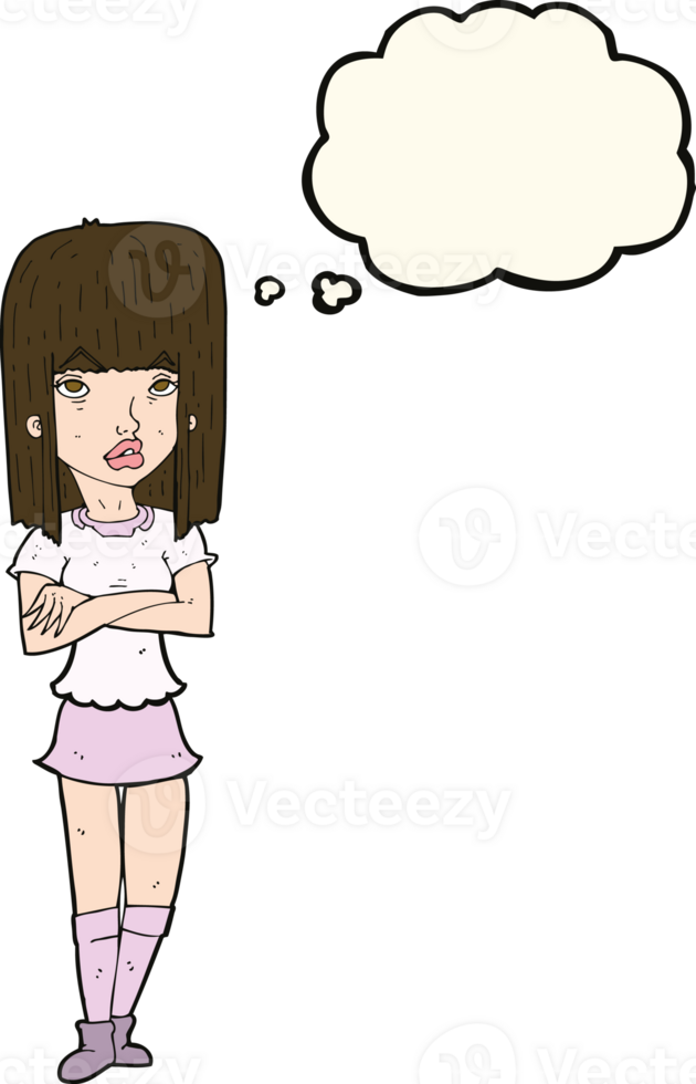 cartoon girl with crossed arms with thought bubble png