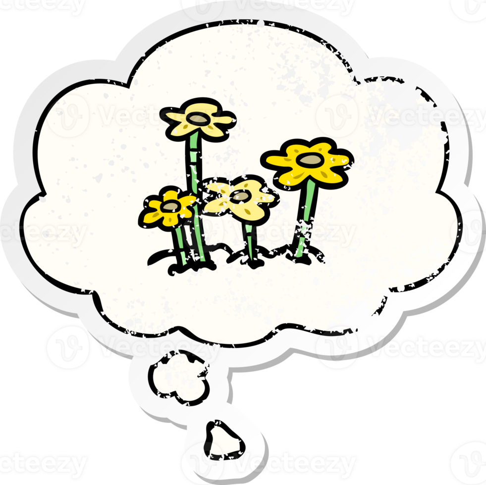 cartoon flowers with thought bubble as a distressed worn sticker png