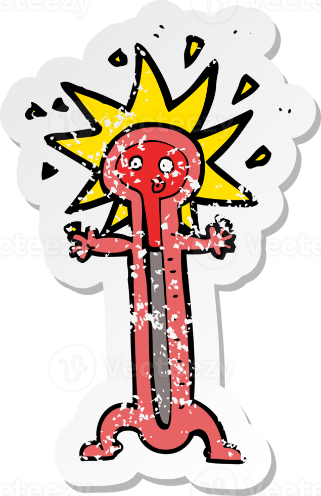 retro distressed sticker of a cartoon thermometer png